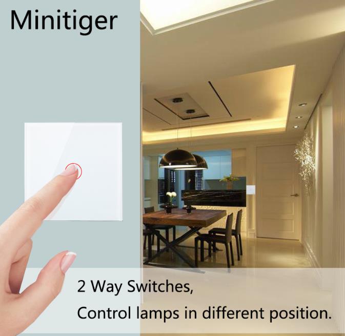Minitiger EU Standard Touch Switch 1/2 Gang 2 Way Control Wall Light Touch Screen Switch, Crystal Glass Panel, 170-240V