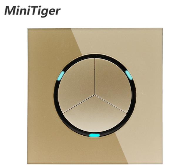 Minitiger 2019 New Arrival Gold Crystal Glass Panel 3 Gang 1 Way Random Click On / Off Wall Light Switch With LED Indicator