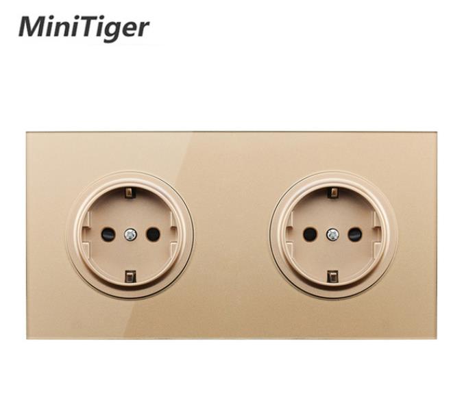 Minitiger Crystal Tempered Gold Glass Panel 16A Double EU Standard Wall Power Socket Outlet Grounded With Child Protective Lock